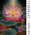 Cosmic Laxmi radiates golden rays from a blooming lotus in an ethereal realm 133949611