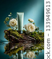 Elegant skin care tube surrounded by lush flowers on tranquil water 133949613