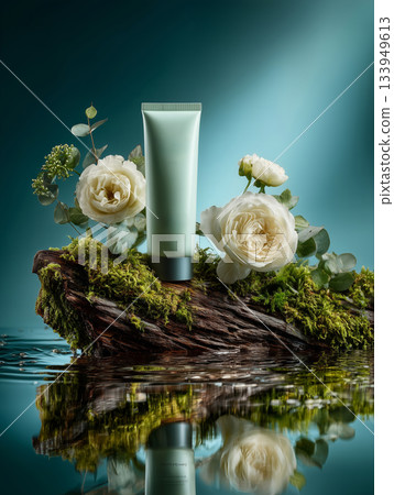 Elegant skin care tube surrounded by lush flowers on tranquil water Elegant skin care tube surrounded by lush flowers on tranquil water 133949613