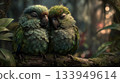 Charming green parrots nestled together in a lush tropical forest 133949614