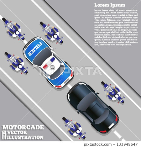 The motorcade escorted by police. View from above. Vector illustration.  133949647