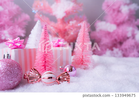 Pink Christmas Holiday Scene with Gifts Candy and Frosted Trees Pink Christmas Holiday Scene with Gifts Candy and Frosted Trees 133949675