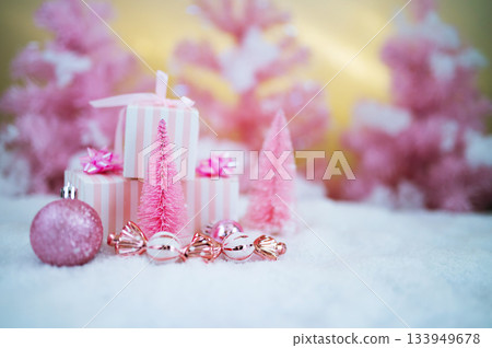 Pink Christmas Holiday Scene with Gifts Candy and Frosted Trees 133949678