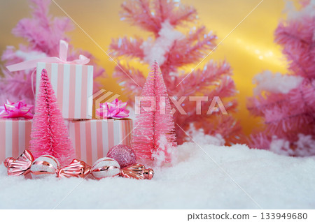 Pink Christmas Holiday Scene with Gifts Candy and Frosted Trees 133949680