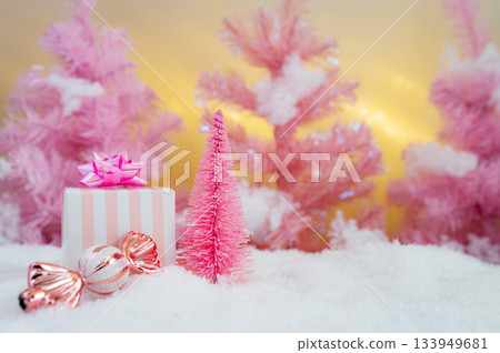 Pink Christmas Holiday Scene with Gifts Candy and Frosted Trees 133949681