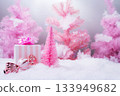 Pink Christmas Holiday Scene with Gifts Candy and Frosted Trees Pink Christmas Holiday Scene with Gifts Candy and Frosted Trees 133949682