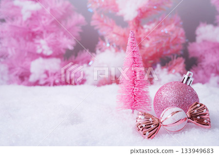Pink Christmas Holiday Scene with Gifts Candy and Frosted Trees Pink Christmas Holiday Scene with Gifts Candy and Frosted Trees 133949683