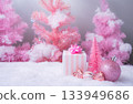 Pink Christmas Holiday Scene with Gifts Candy and Frosted Trees Pink Christmas Holiday Scene with Gifts Candy and Frosted Trees 133949686