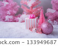 Pink Christmas Holiday Scene with Gifts Candy and Frosted Trees Pink Christmas Holiday Scene with Gifts Candy and Frosted Trees 133949687