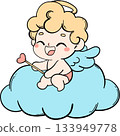 A cute kid cupid riding a fluffy cloud in retro flat color cartoon style. Perfect for Valentine Day clipart, sweet romantic designs, greeting cards, and adorable illustrations. 133949778