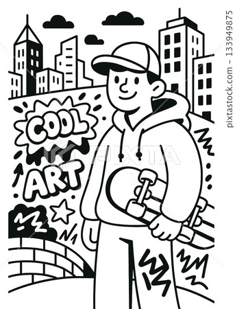 Young man with skateboard in city, wearing hoodie and cap, urban graffiti art style, happy mood Young man with skateboard in city, wearing hoodie and cap, urban graffiti art style, happy mood 133949875