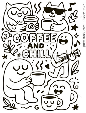 Coffee chill cartoon owl cat cup music happy Coffee chill cartoon owl cat cup music happy 133949876