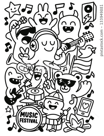 Music festival cartoon, happy characters playing guitar, drums, trumpet, singing, joyful scene Music festival cartoon, happy characters playing guitar, drums, trumpet, singing, joyful scene 133949881