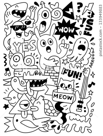 Cartoon animal doodle guitar cat shark snail octopus fun wow playful music 133949883