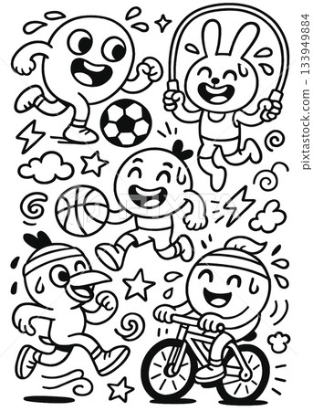 Happy children playing soccer, basketball, jump rope, and riding bicycle, cartoon style Happy children playing soccer, basketball, jump rope, and riding bicycle, cartoon style 133949884