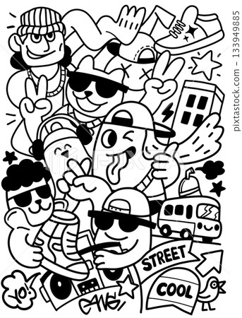 Street style cartoon characters with sunglasses, sneakers, and playful urban elements 133949885