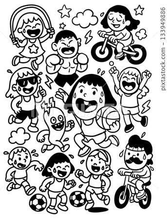 Children playing, jumping, cycling, and laughing together, joyful outdoor activity 133949886