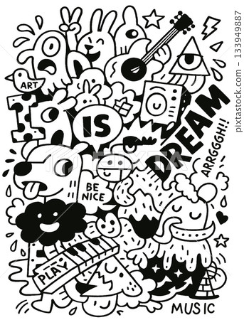 Playful cartoon animal music art dream be nice black and white doodle fun 133949887