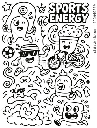 Sports energy cartoon character, happy doodle, soccer, cycling, running, playful, energetic mood 133949889