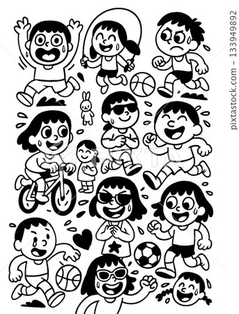Happy children playing, running, jumping, skipping rope, riding bicycle, and laughing together Happy children playing, running, jumping, skipping rope, riding bicycle, and laughing together 133949892