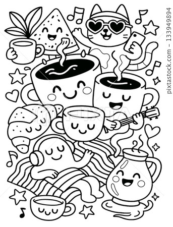 Coffee cup croissant cat watermelon music happy cartoon black and white doodle 133949894