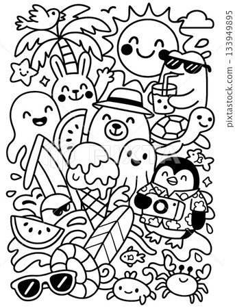Summer beach animal sun palm ice cream fruit happy cartoon black and white 133949895