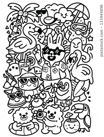 Summer animal cartoon flamingo rabbit penguin tropical sunglasses beach happy vibe 133949896