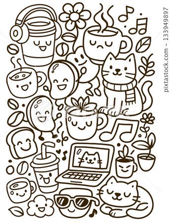 Coffee cup, cat, laptop, flower, music note, bean, and plant in cute doodle style 133949897