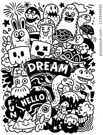 Dream fun hello cartoon doodle, black and white, happy characters, playful, imaginative art 133949898
