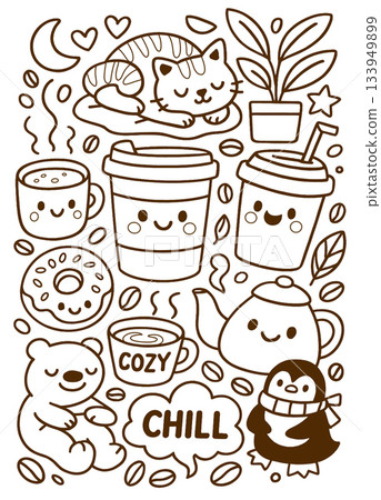 Cozy cat coffee cup donut bear penguin teapot plant and coffee beans cheerful mood 133949899