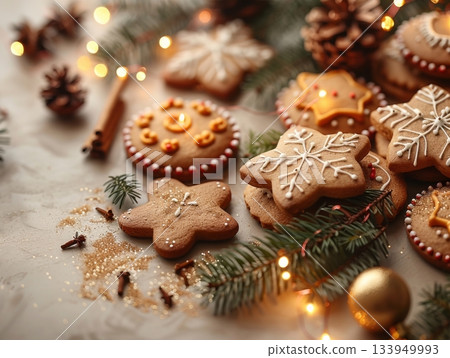 Minimal festive flatlay with gingerbread cookies, pine branches and cinnamon sticks Minimal festive flatlay with gingerbread cookies, pine branches and cinnamon sticks 133949993