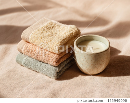Elegant beige spa still life with towels Elegant beige spa still life with towels 133949996