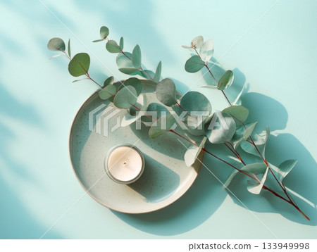 Spa decor with eucalyptus and candle on blue surface 133949998
