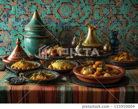 Colorful Moroccan table with tagine 133950004