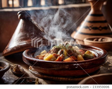 Steaming Moroccan tagine traditional dish Steaming Moroccan tagine traditional dish 133950006