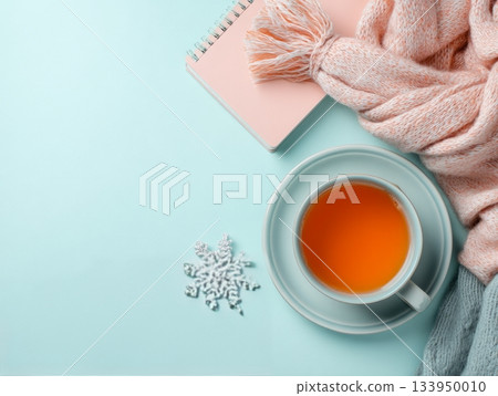 Pastel Winter Flat Lay with Tea and Scarf 133950010