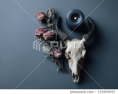 Dark Skull Halloween flat lay Dark Skull Halloween flat lay 133950055