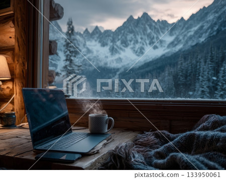 Remote work lifestyle in mountain cabin Remote work lifestyle in mountain cabin 133950061