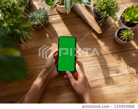 Hands holding smartphone green screen mockup Hands holding smartphone green screen mockup 133950066