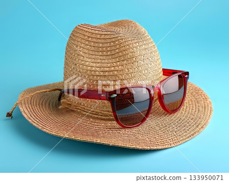 Straw hat with sunglasses on blue background Straw hat with sunglasses on blue background 133950071
