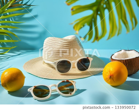 Tropical Summer Accessories with Straw Hat and Citrus Fruits Tropical Summer Accessories with Straw Hat and Citrus Fruits 133950072
