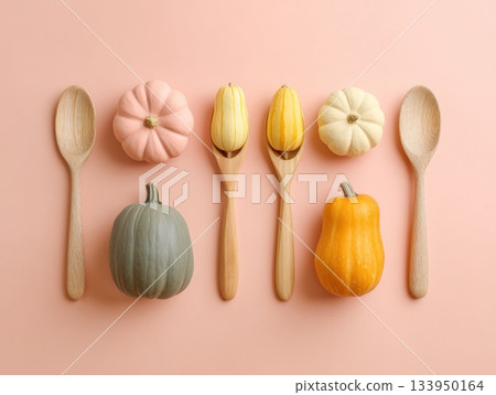 Mini pumpkins and corn on peach background 133950164