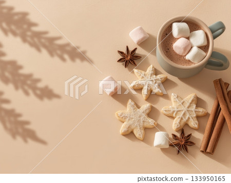 Minimal pastel Christmas composition with cocoa, cinnamon sticks Minimal pastel Christmas composition with cocoa, cinnamon sticks 133950165