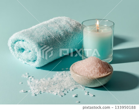 Candle and bath salt with towel 133950188
