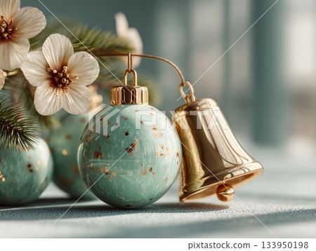 Minimal pastel composition with mint baubles, golden bells Minimal pastel composition with mint baubles, golden bells 133950198