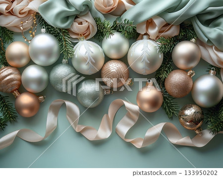 Minimal pastel holiday flatlay with mint baubles, pine branches and silk ribbon Minimal pastel holiday flatlay with mint baubles, pine branches and silk ribbon 133950202