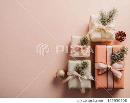 Wrapped Christmas gift boxes with silk ribbons, pine branches and ornaments Wrapped Christmas gift boxes with silk ribbons, pine branches and ornaments 133950208