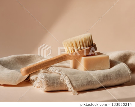 Minimal spa flat lay with wooden brush, handmade soap and towel Minimal spa flat lay with wooden brush, handmade soap and towel 133950214