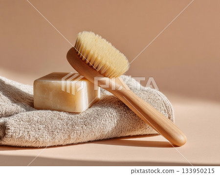 Cozy minimal composition with body brush, soap and linen towel 133950215