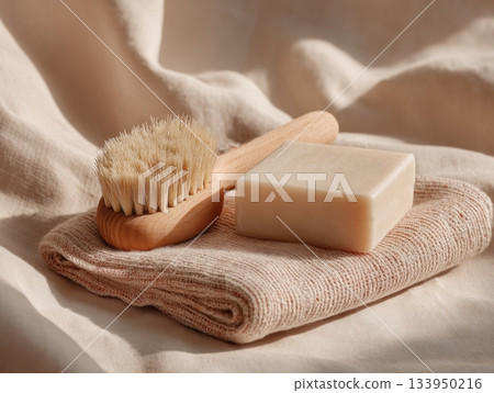 Cozy minimal composition with body brush, soap and linen towel 133950216